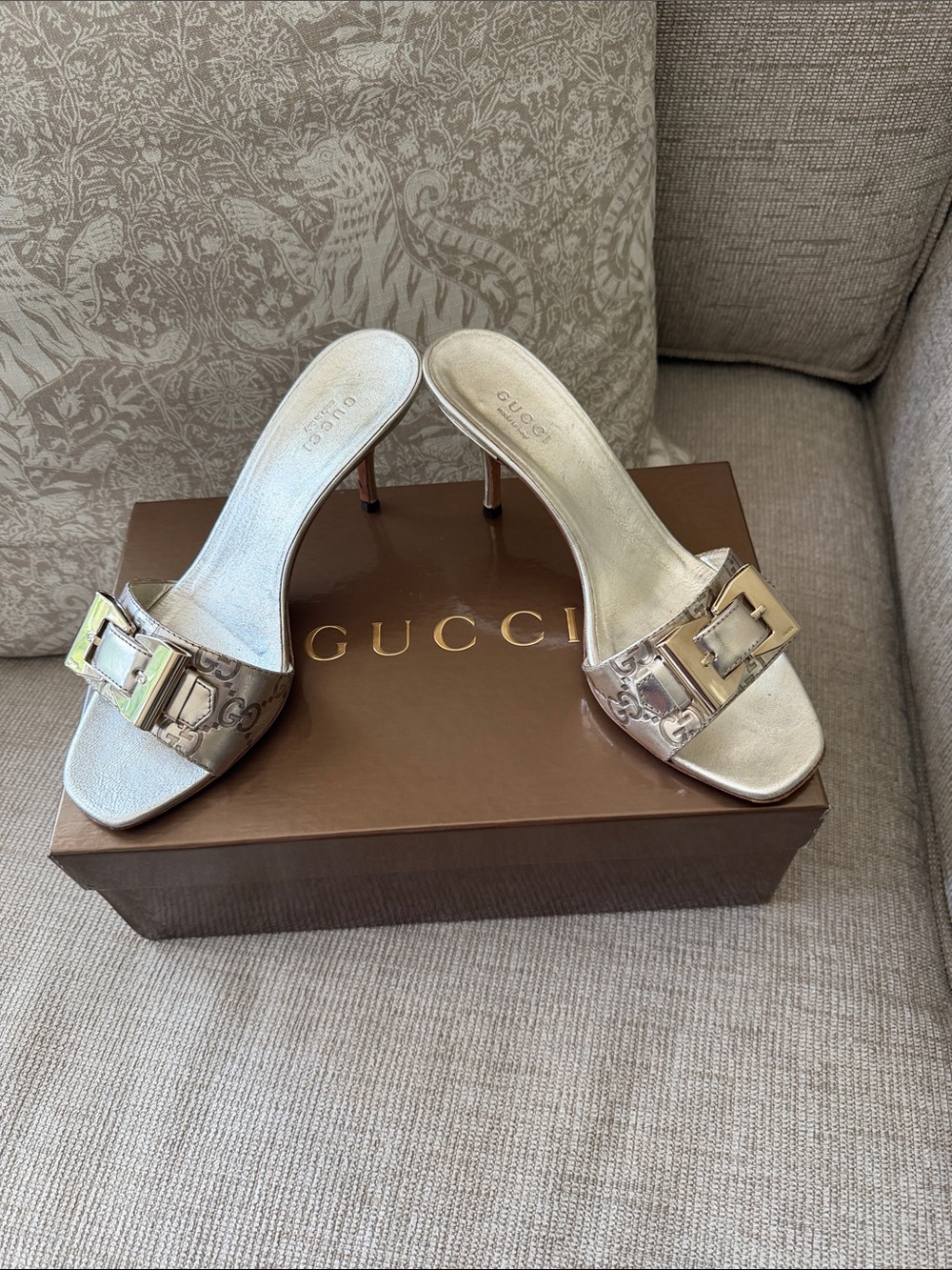 Gucci Gold/ Silver Logo Buckle Slide Heels